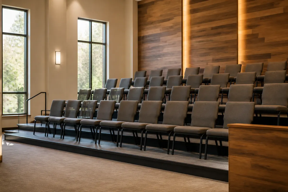 Angled view of tiered choir risers with clean rows of stacking chairs, seen from the sanctuary floor