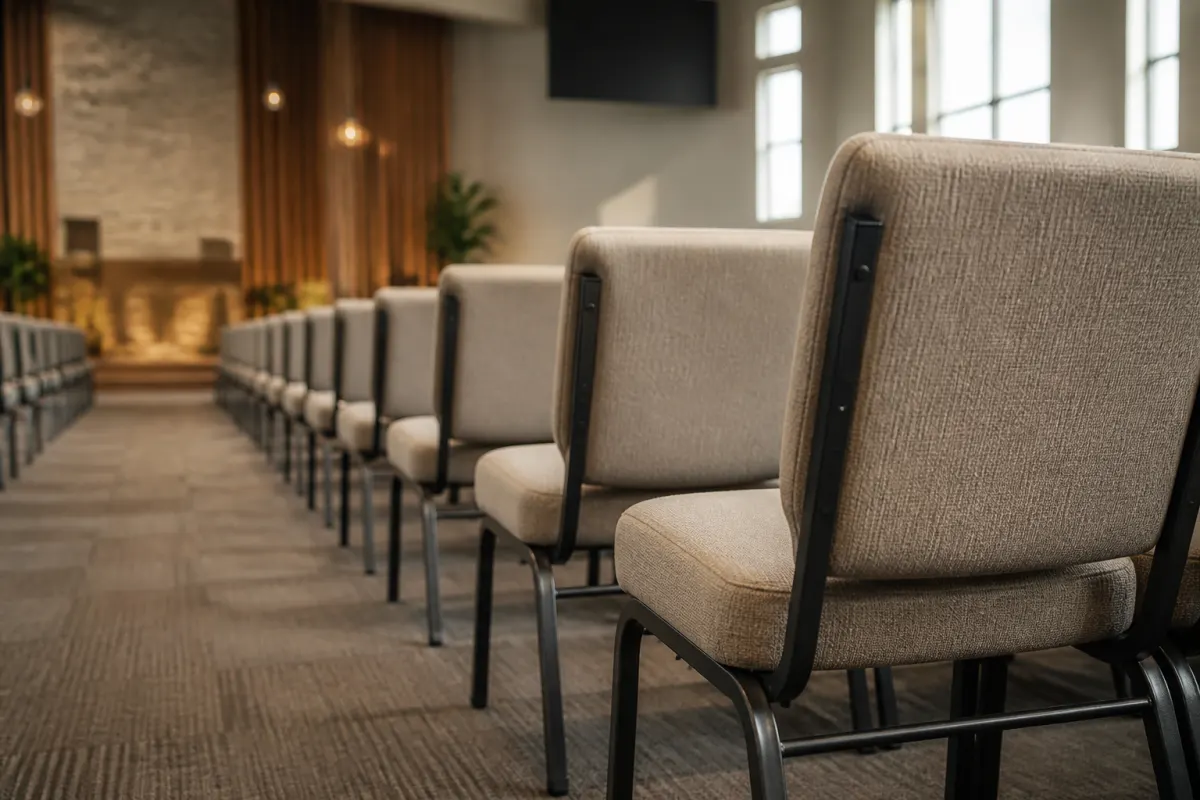 Close angle down a row of generic padded church chairs showing clean upholstery and metal frames, sanctuary softly lit behind