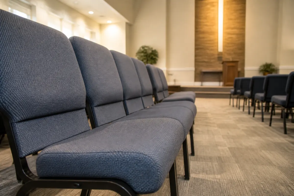 Close angle down a row of generic padded church chairs showing clean upholstery and metal frames, sanctuary softly lit behind