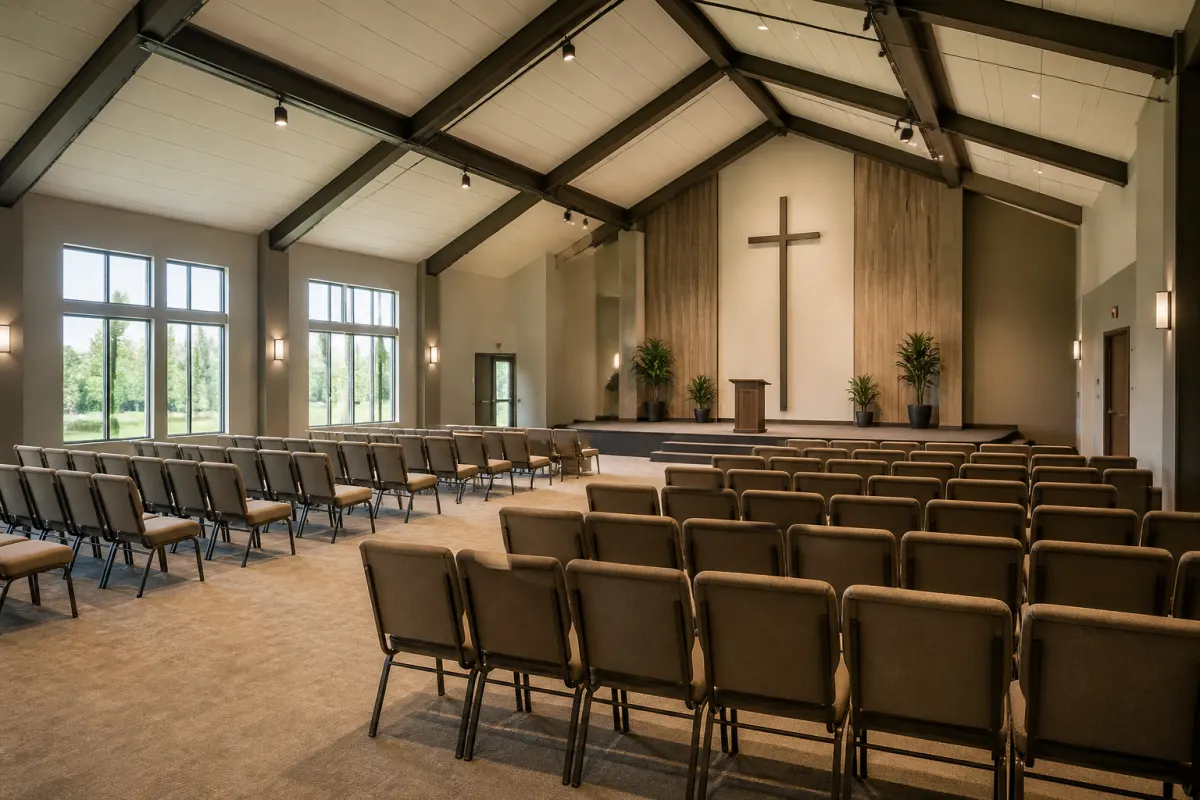 Modern church sanctuary furnished with rows of padded stacking chairs and a simple platform, wide establishing shot