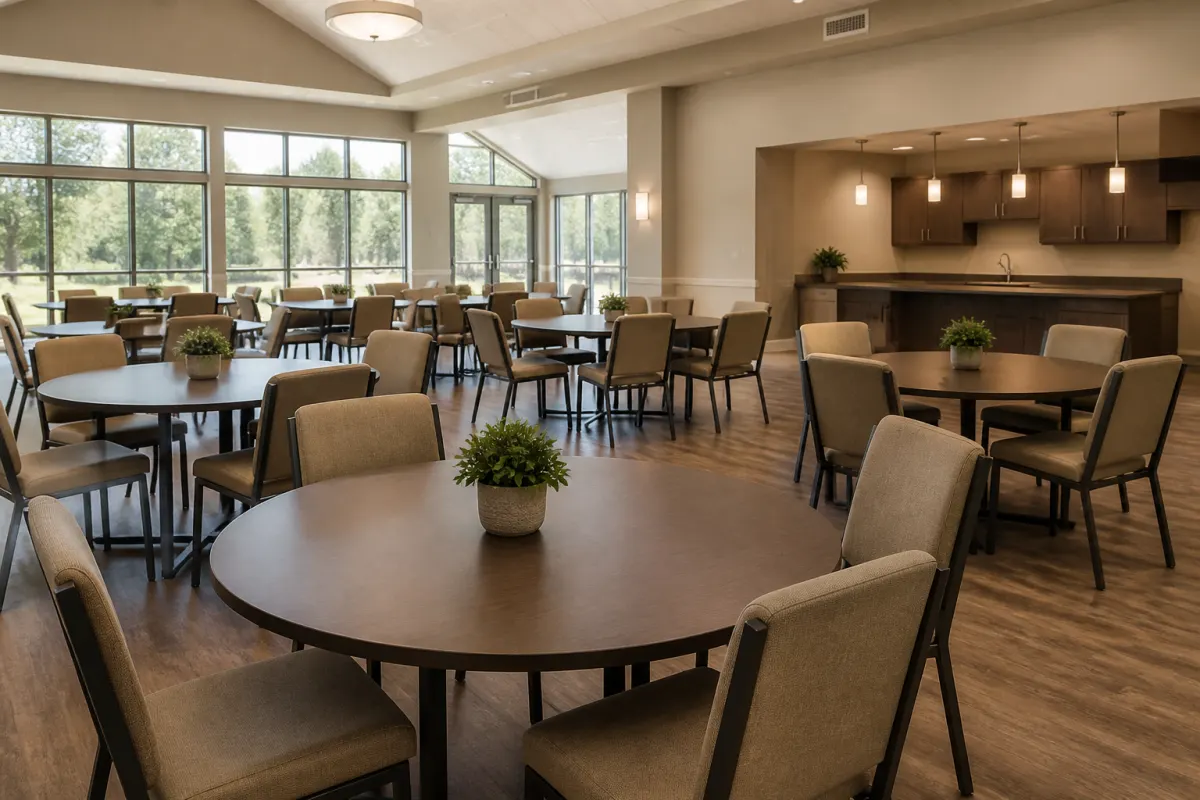 Church fellowship space with round tables and upholstered chairs arranged for a gathering, warm light