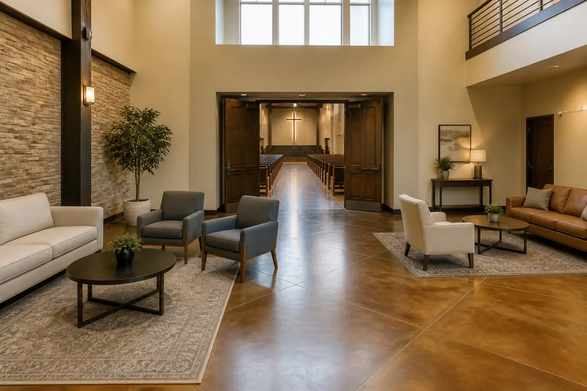 Wide view of a church foyer with casual seating groupings and open circulation space, shot toward the sanctuary doors