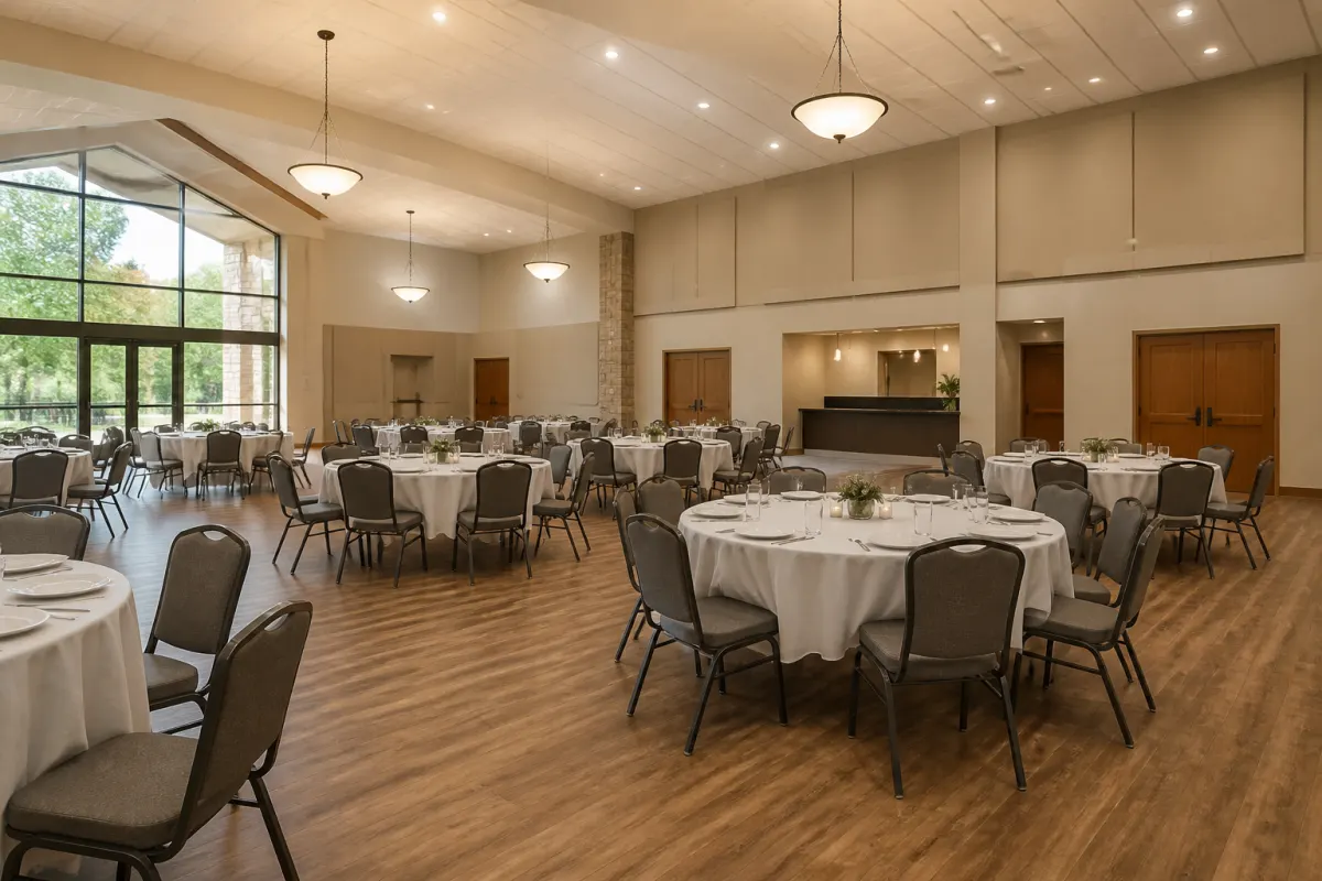 Church multipurpose hall set for a meal event with round tables and padded stacking chairs, wood look floor, high ceiling