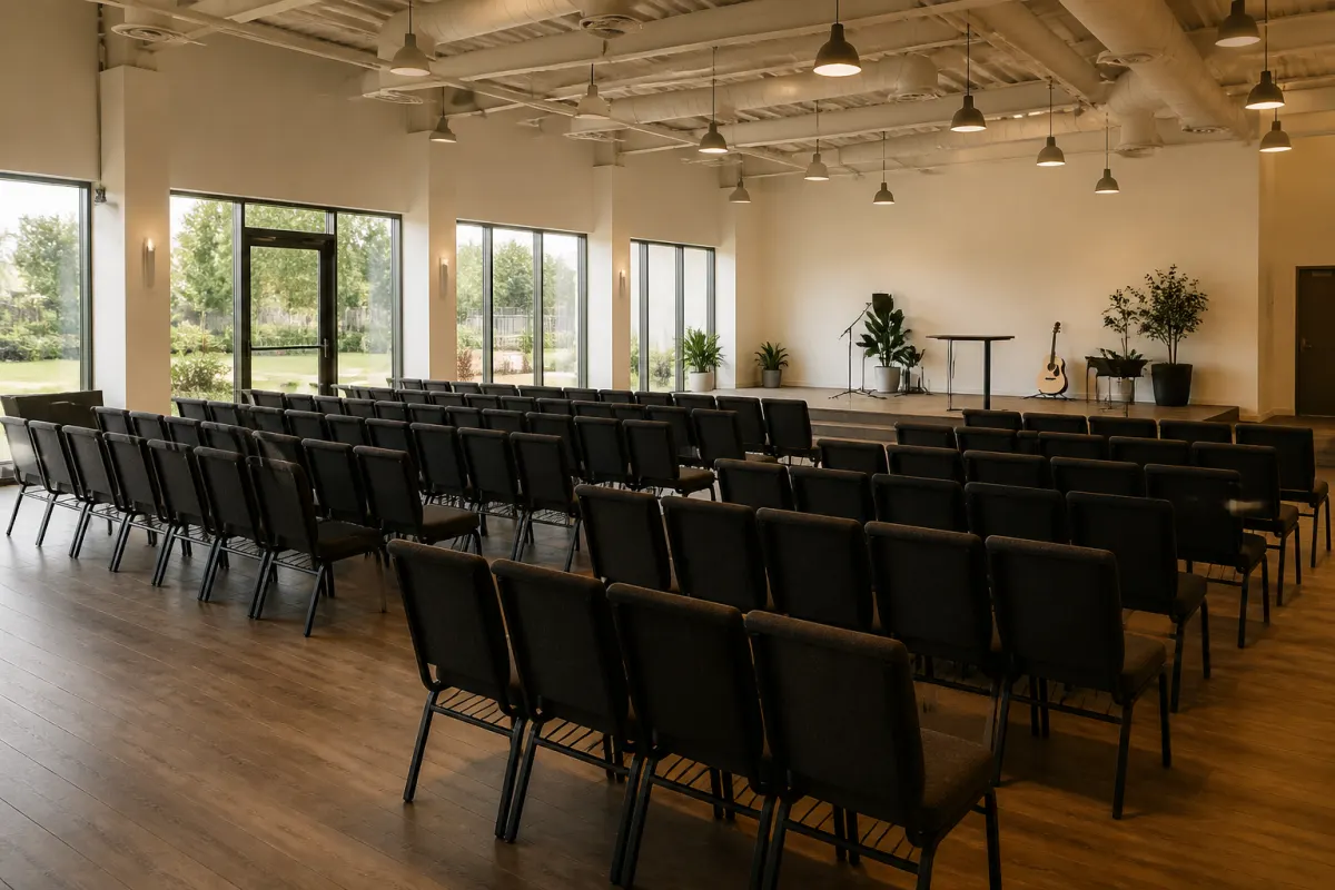Same style multipurpose room reset for a service, chairs in straight rows facing a small platform, seen from a rear corner