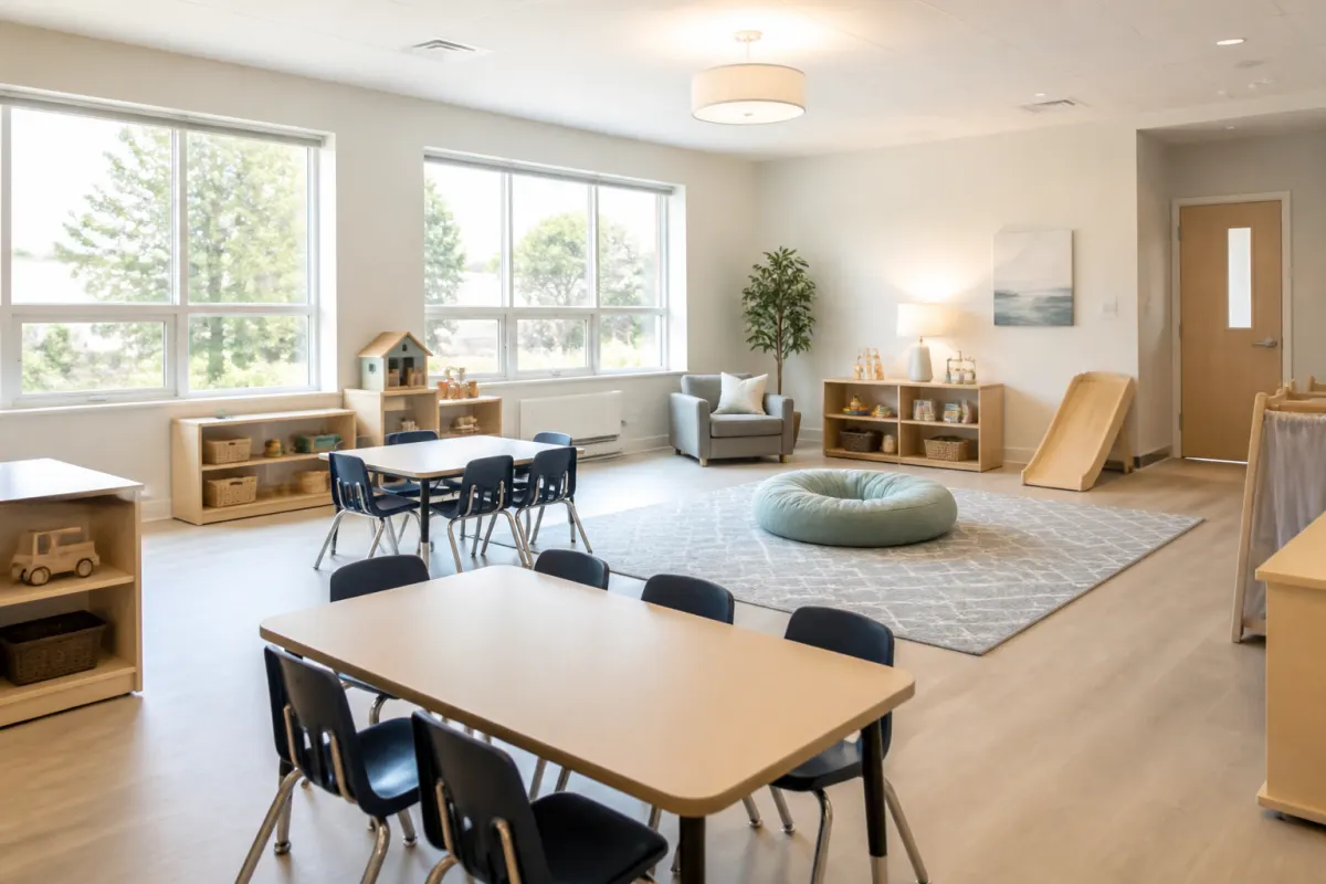 Bright church nursery room with small generic tables and chairs sized for children, soft rug and daylight from wide windows