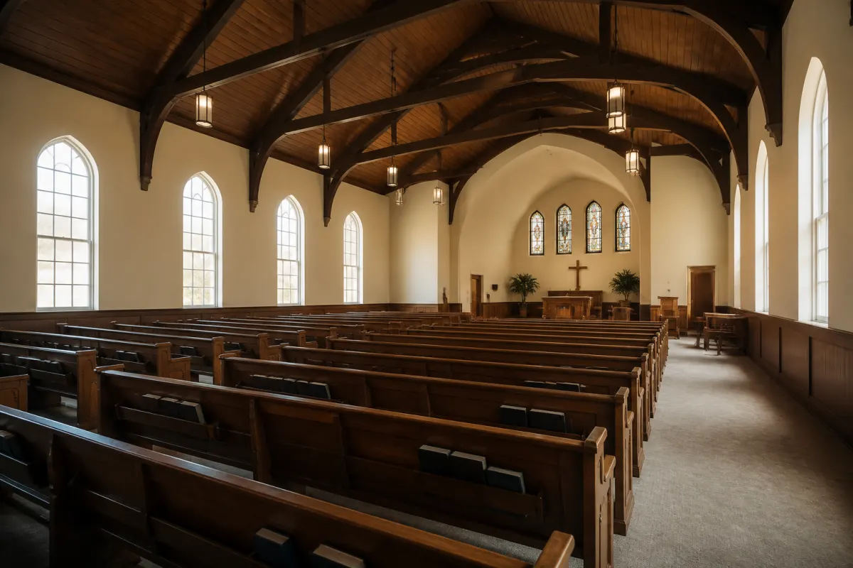 Wide shot of a traditional church sanctuary with rows of existing wooden pews under tall windows, seen as the room stands today before a renovation