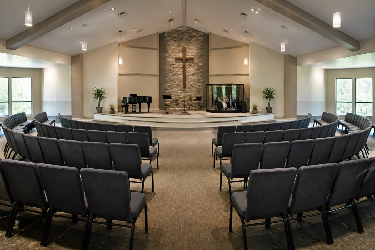 Modern church sanctuary with rows of padded stacking church chairs arranged in clean curved rows, viewed from the rear aisle