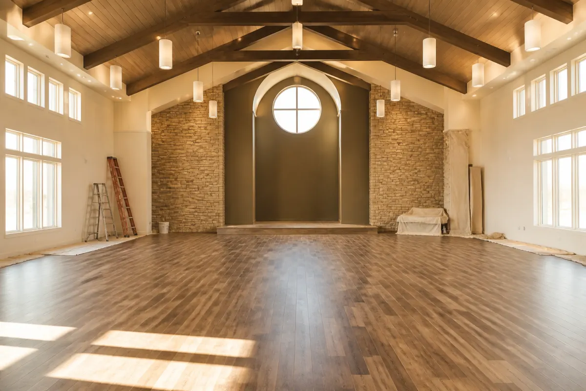 Church sanctuary mid renovation, open empty floor with fresh flooring where seating will be installed, ladders and drop cloths tidy at the walls