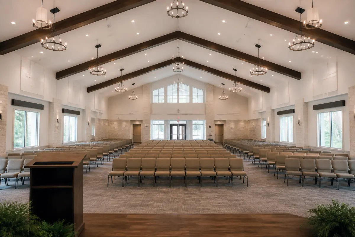 Finished sanctuary after renovation with neat rows of padded church chairs, viewed from the platform looking out
