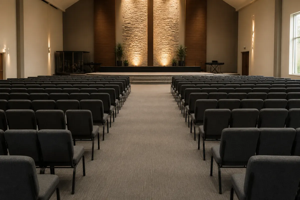 Rear view of a modern sanctuary with straight rows of interlocked church chairs and generous aisle spacing