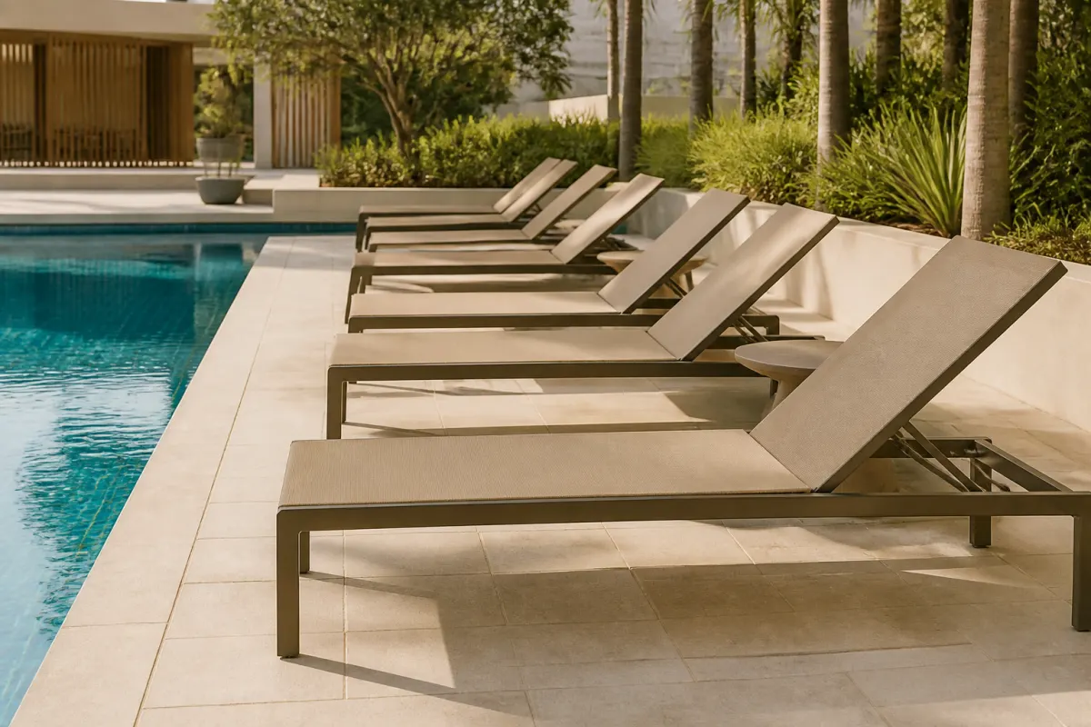 Row of commercial chaise lounges along a resort pool deck with folded towels absent, clean minimal styling