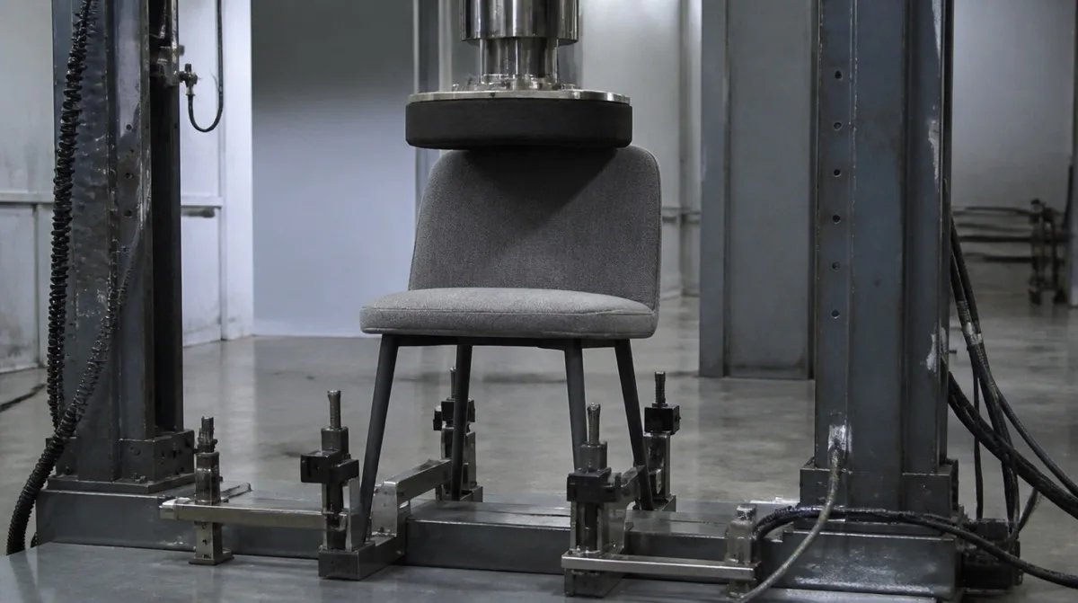 A single commercial chair clamped in a steel durability-testing rig with a hydraulic press plate loading the seat
