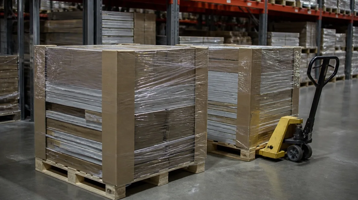 Two shrink-wrapped pallets of flat-packed commercial furniture beside a pallet jack in a distribution warehouse