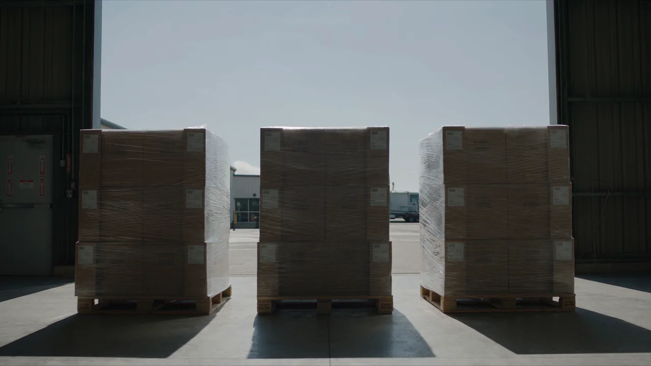 Three shrink-wrapped pallets of boxed commercial furniture staged at an open loading dock