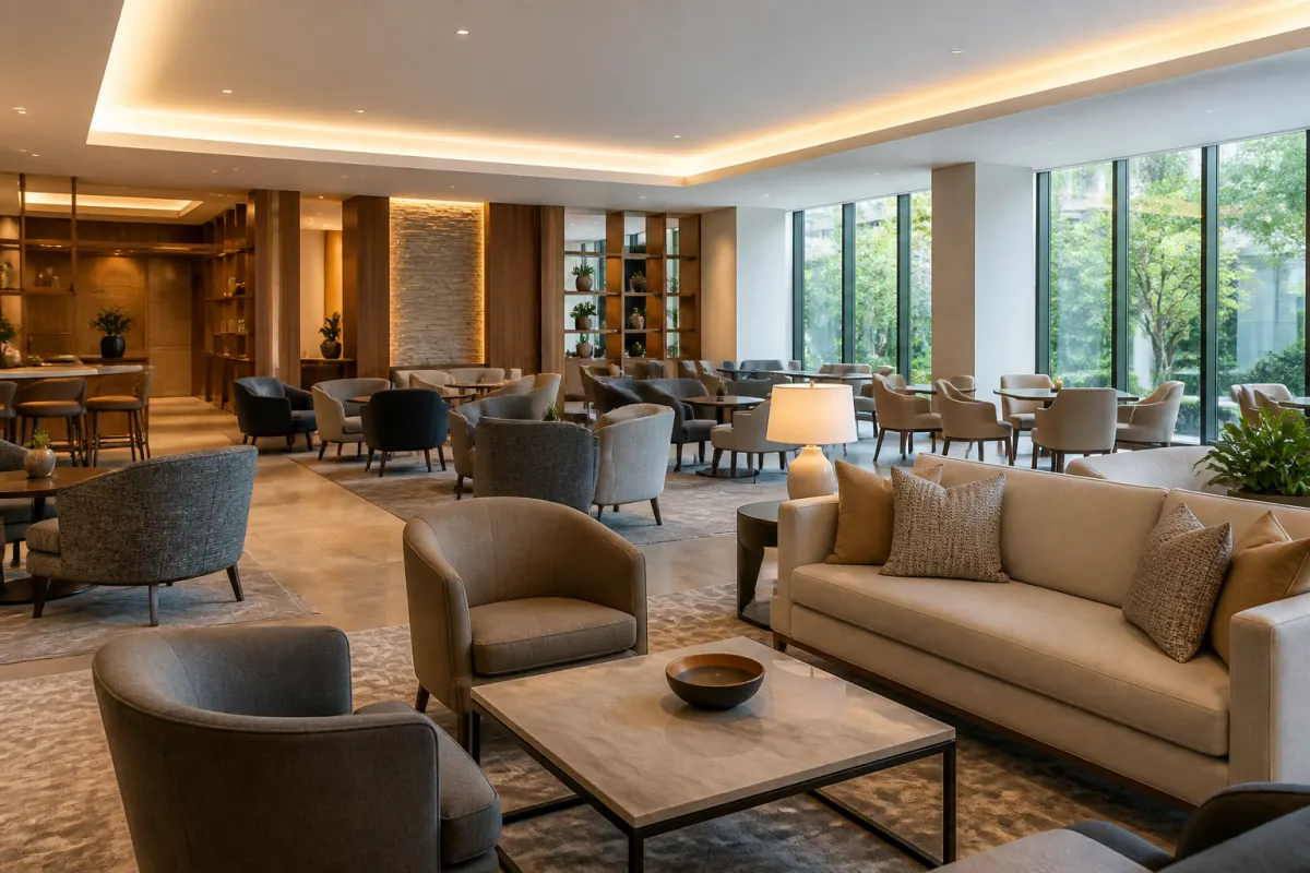 Refined hotel lounge furnished with commercial seating groupings, warm professional atmosphere, wide establishing shot