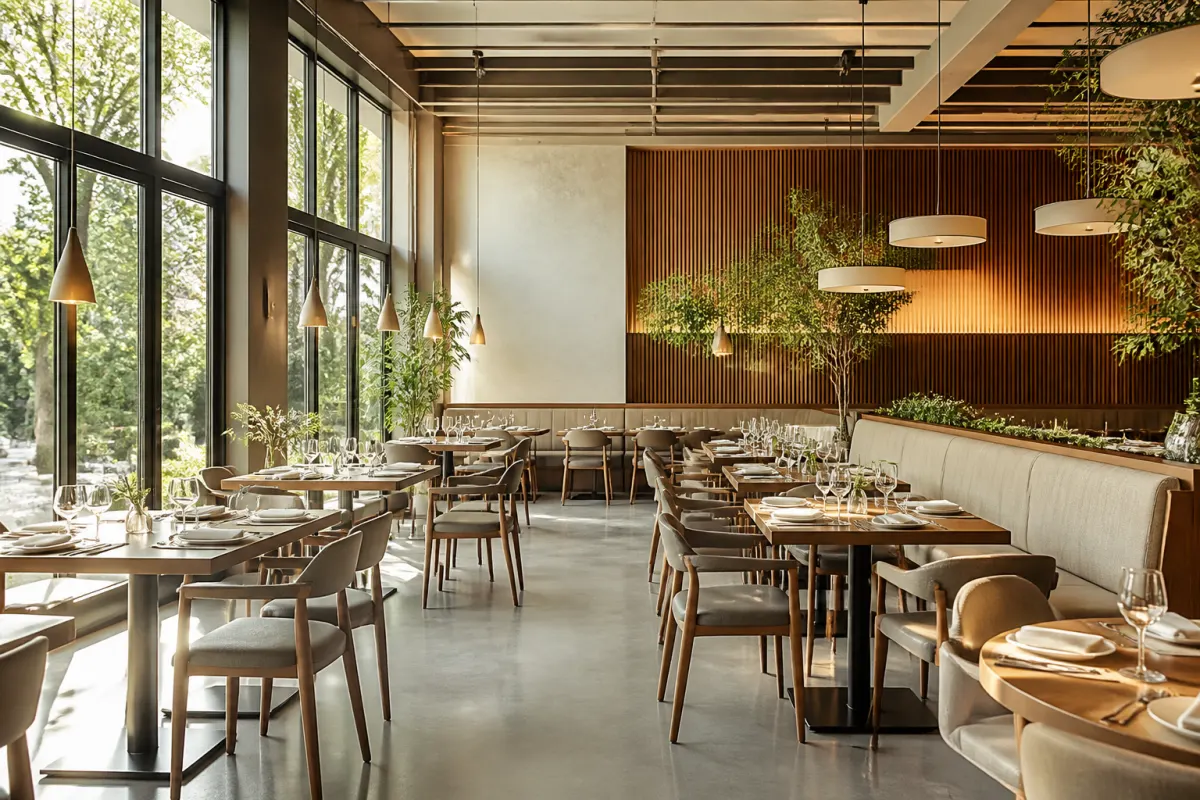 New restaurant dining room freshly furnished with tables and chairs, bright and ready to open