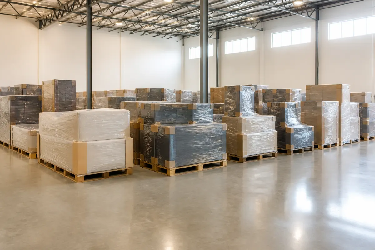 Clean commercial warehouse with shrink wrapped furniture on pallets in orderly rows, bright even light, no readable labels