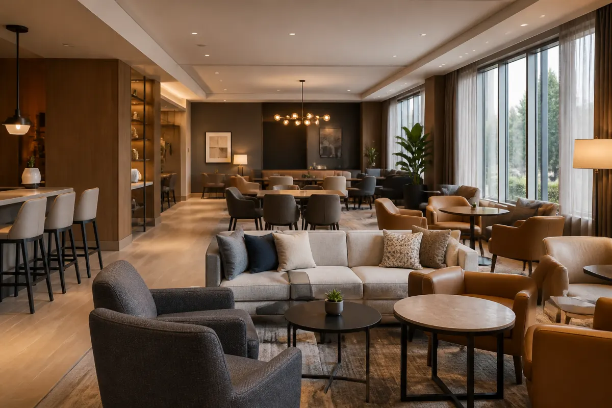 Refined hotel lounge furnished with commercial seating groupings, warm professional atmosphere, wide establishing shot