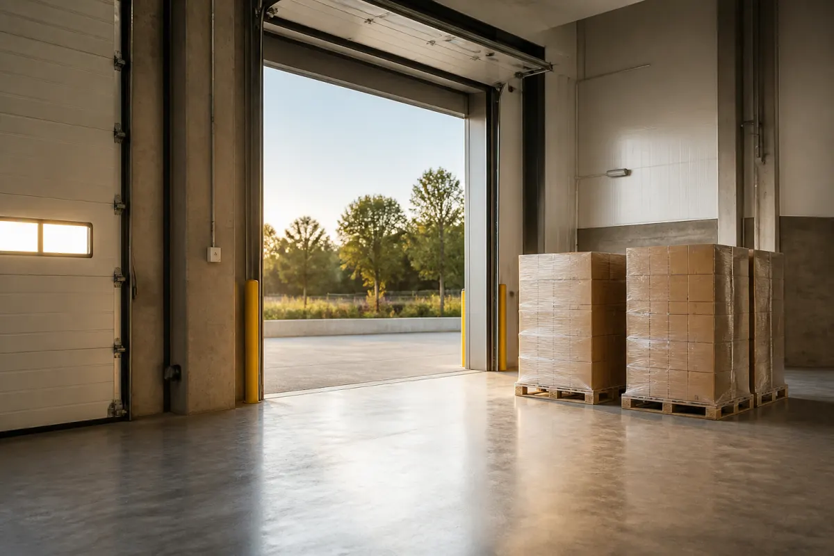Loading dock of a distribution warehouse with a few wrapped pallets staged neatly by the open bay door