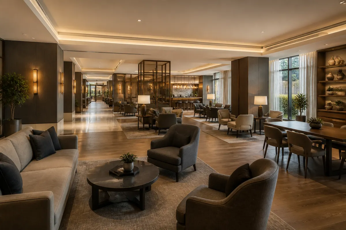Refined hotel lounge furnished with commercial seating groupings, warm professional atmosphere, wide establishing shot