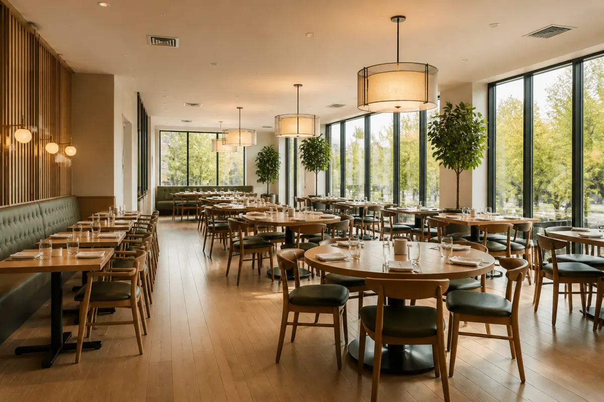 New restaurant dining room freshly furnished with tables and chairs, bright and ready to open