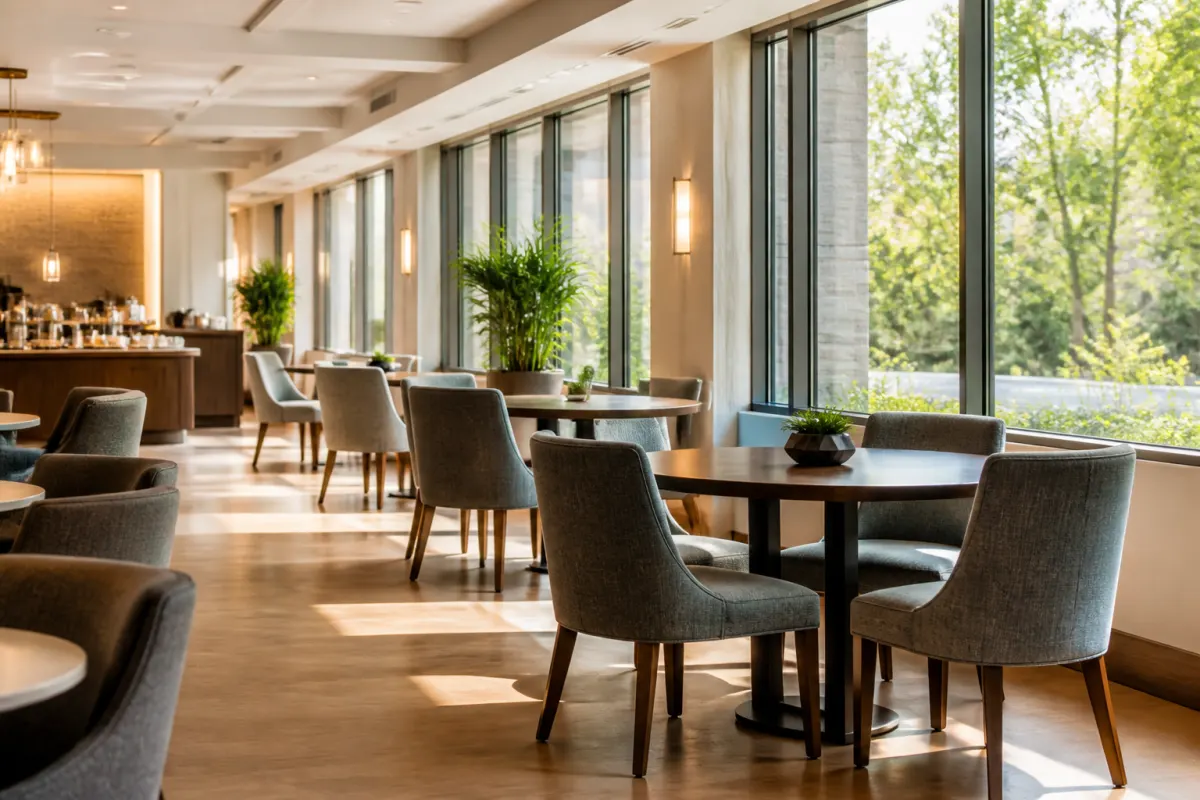 Hotel breakfast area with cafe tables and upholstered dining chairs by tall windows, bright morning light