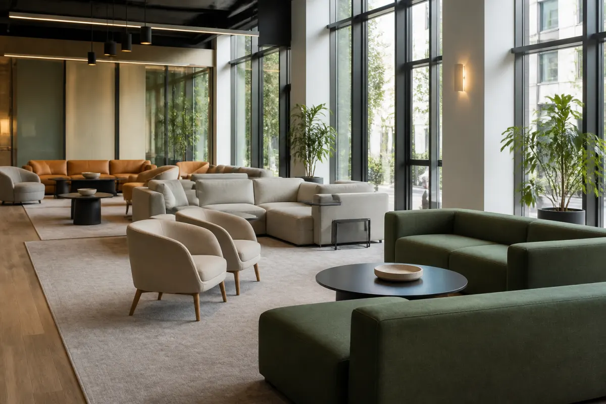 Lobby lounge seating area with benches and low tables in a hospitality setting