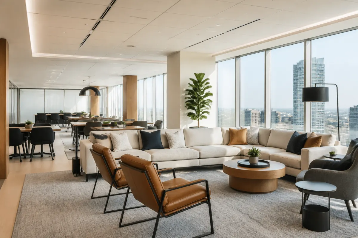 Modern coworking lounge with lounge seating and small work tables, bright natural light, no readable branding