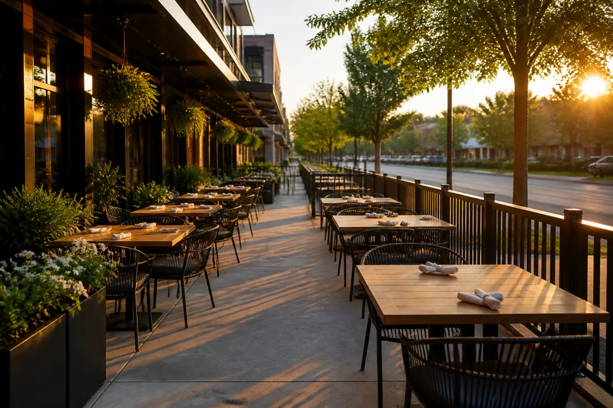 Fenced sidewalk dining area with rows of outdoor tables and chairs, golden hour, no signage