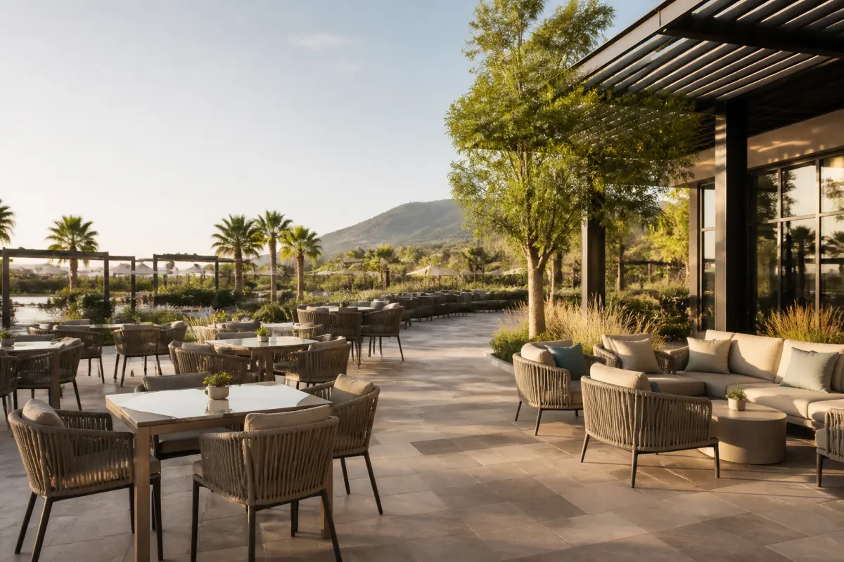 Expansive commercial patio with outdoor dining sets and lounge groupings, resort landscaping, wide shot