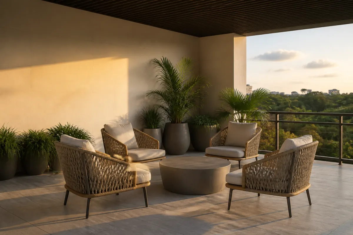 Corner of an outdoor terrace with woven look lounge chairs around a low table, warm light