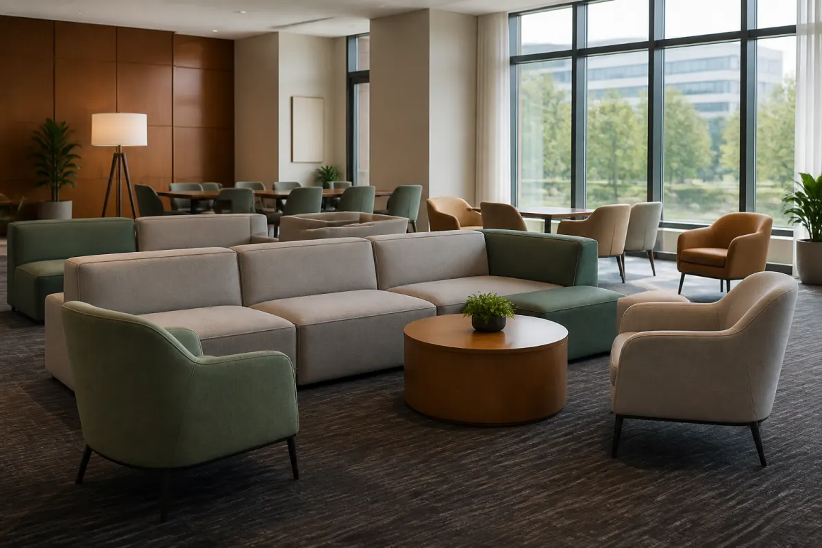Commercial lounge with modular sofas and armchairs arranged in conversation groupings, large windows