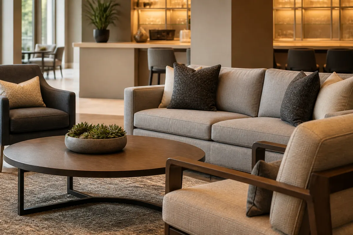 Detail angle of a generic commercial sofa and accent chairs around a coffee table in a hospitality lounge