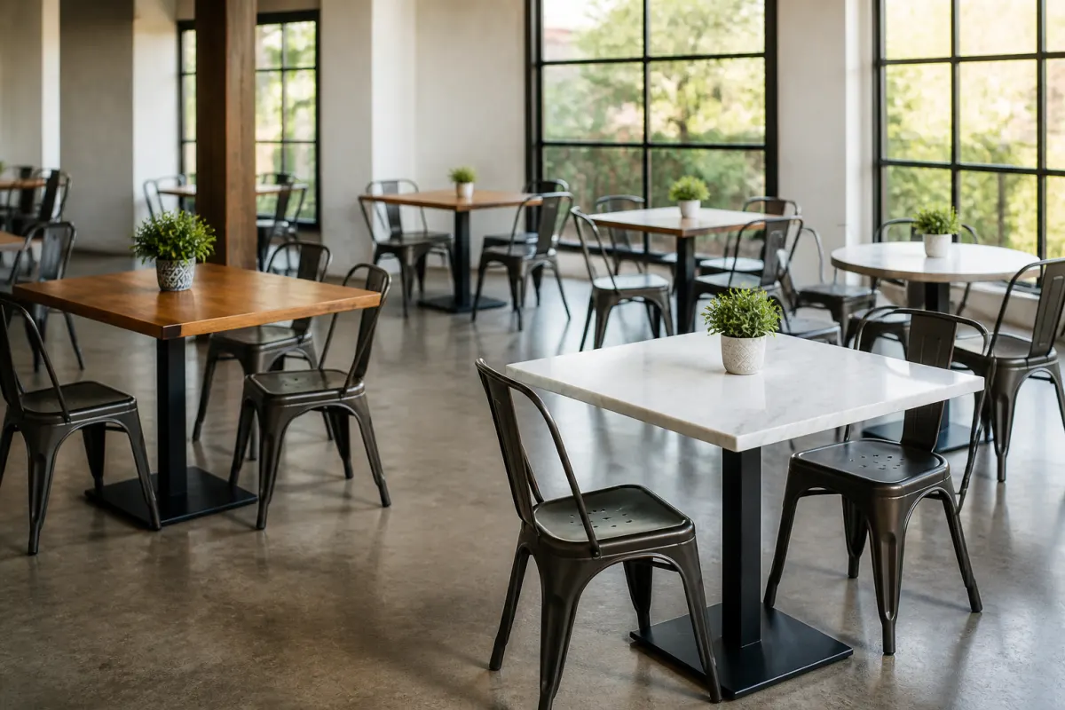 Restaurant tables with assorted generic tops and metal bases in a bright dining room, editorial angle