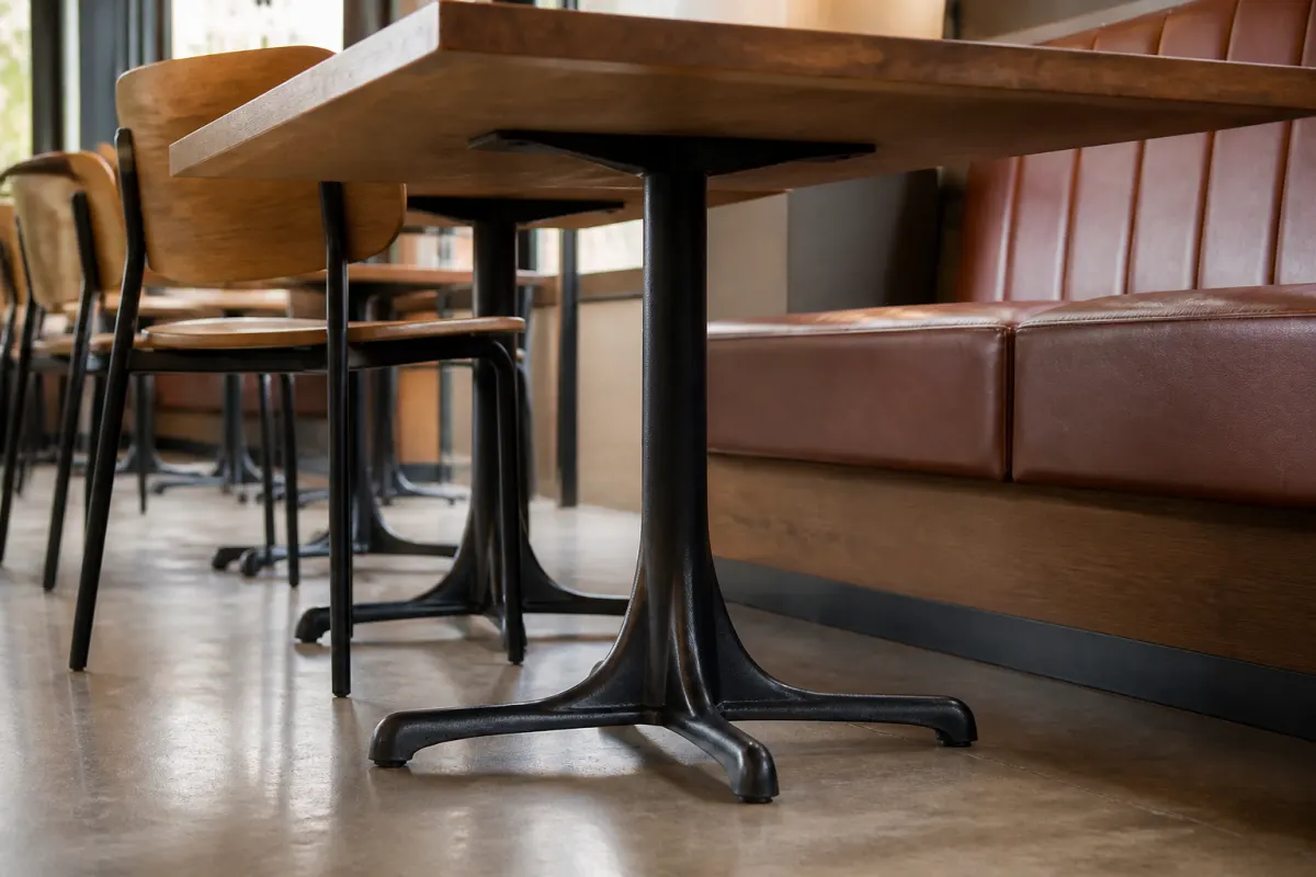Close angle under table view showing sturdy cast metal table bases in a commercial dining space, clean floor
