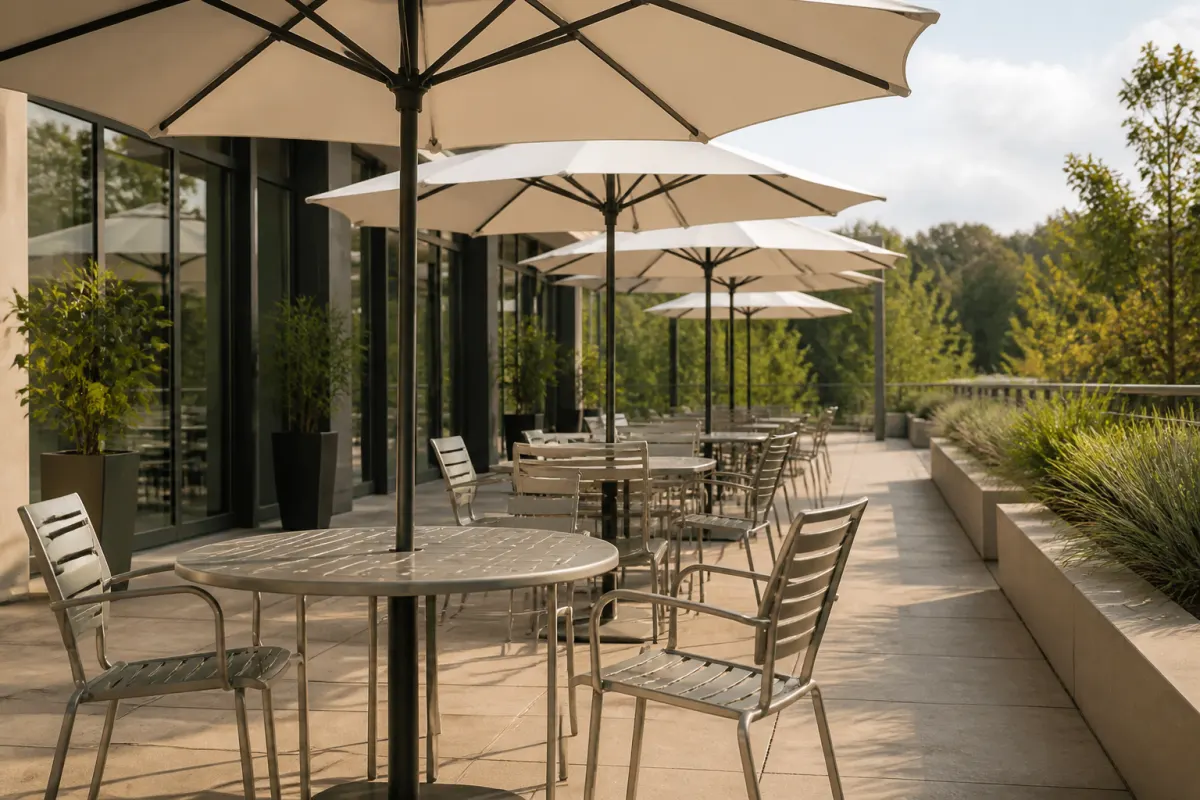 Row of center pole market umbrellas above aluminum patio tables on a terrace, wide angle