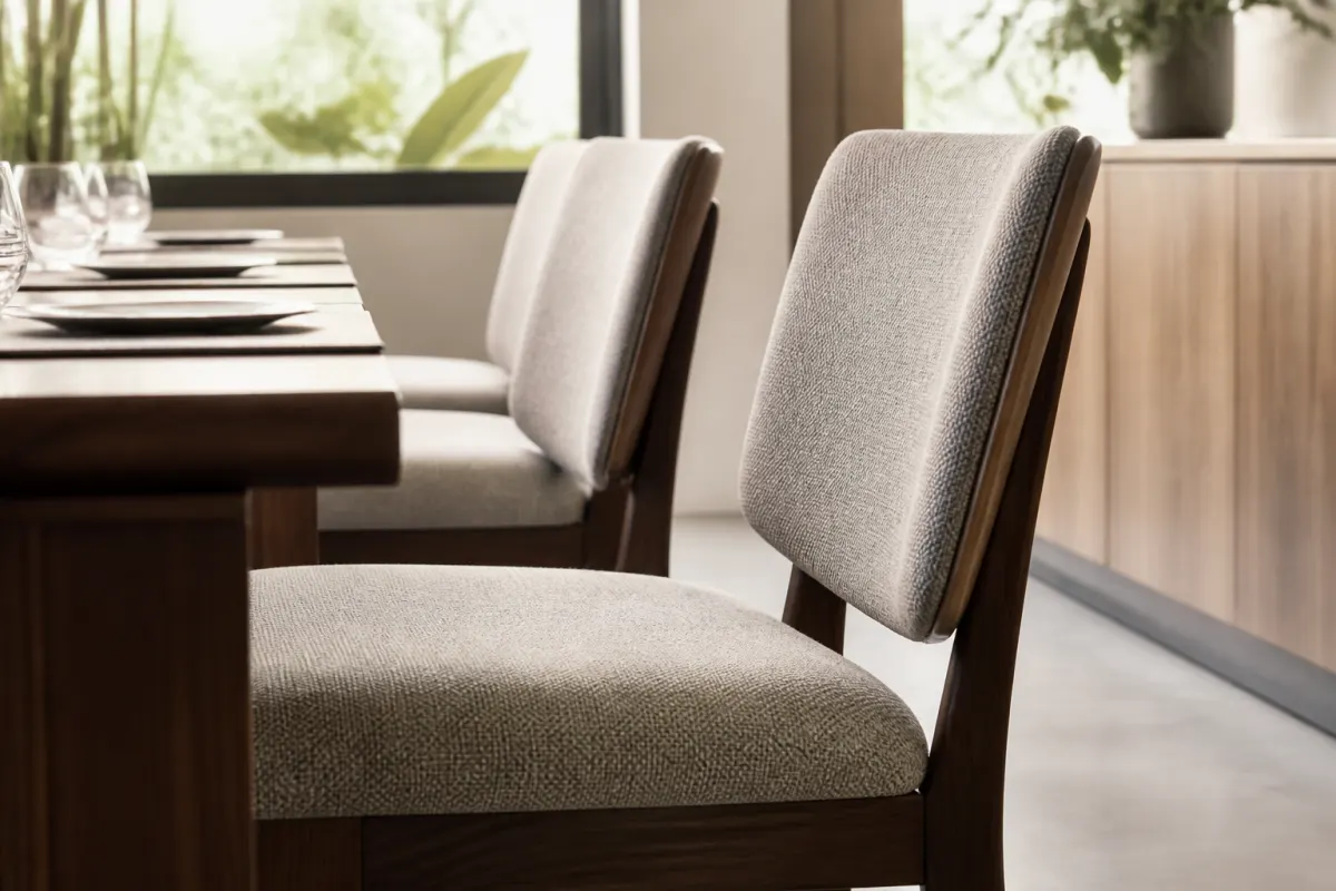 Upholstered commercial dining chairs in a bright hospitality space, close editorial angle on clean seat fabric, no branding