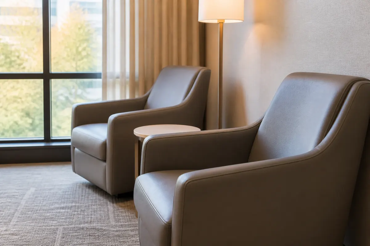 Hotel lounge chairs with smooth vinyl style upholstery beside a window, soft daylight detail shot