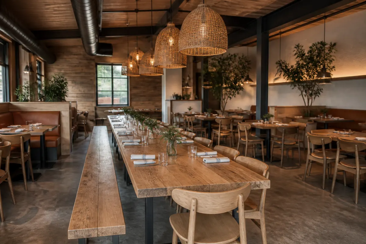 Restaurant with a long communal wood table and bench plus chair seating, warm rustic modern interior