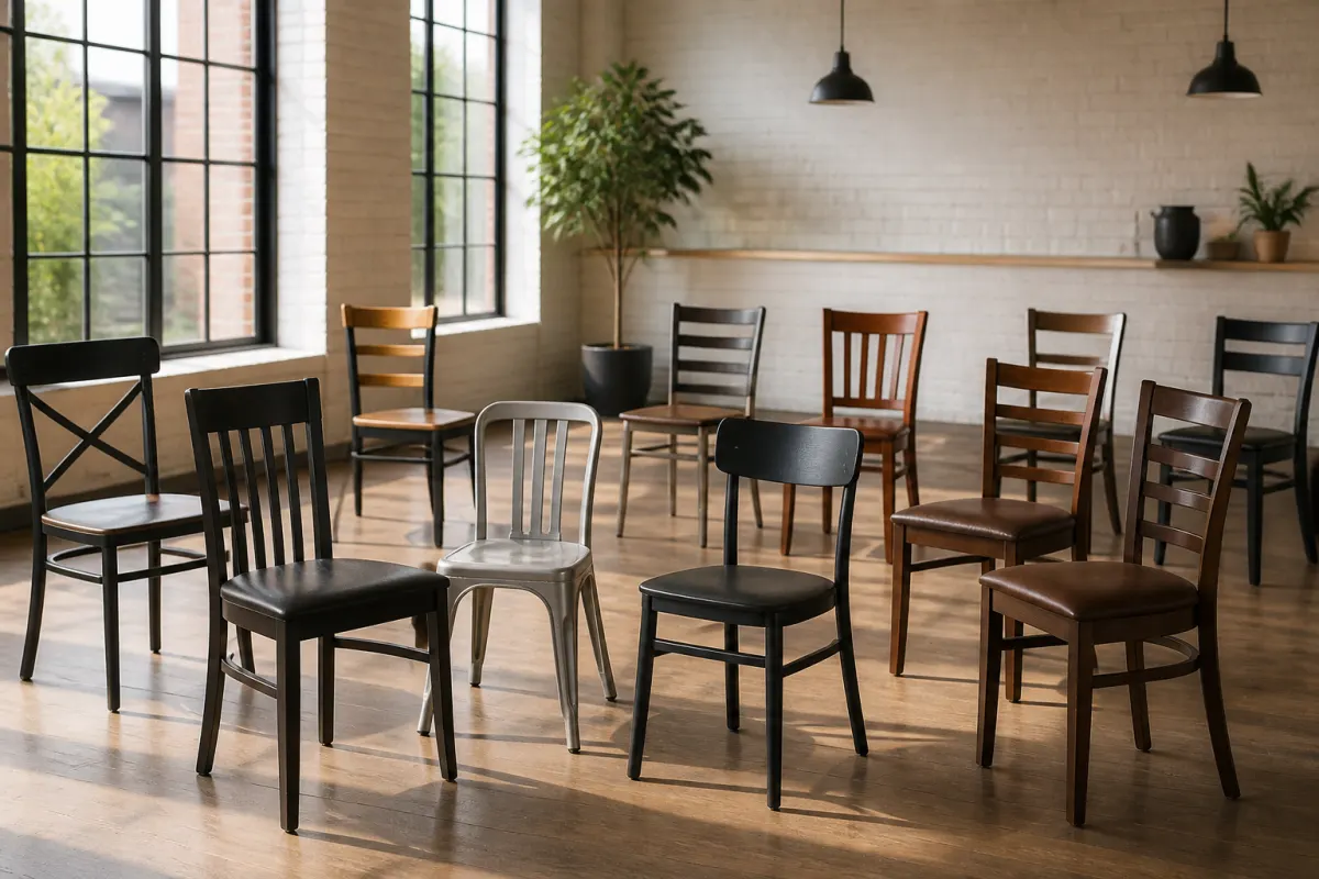Assortment of generic commercial dining chairs in wood and metal arranged in a bright showroom like loft space