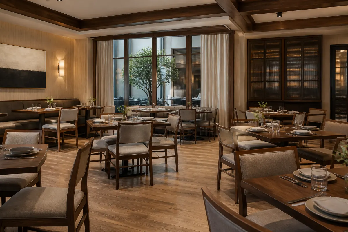 Restaurant dining room with matching wood frame chairs at set tables, warm editorial light