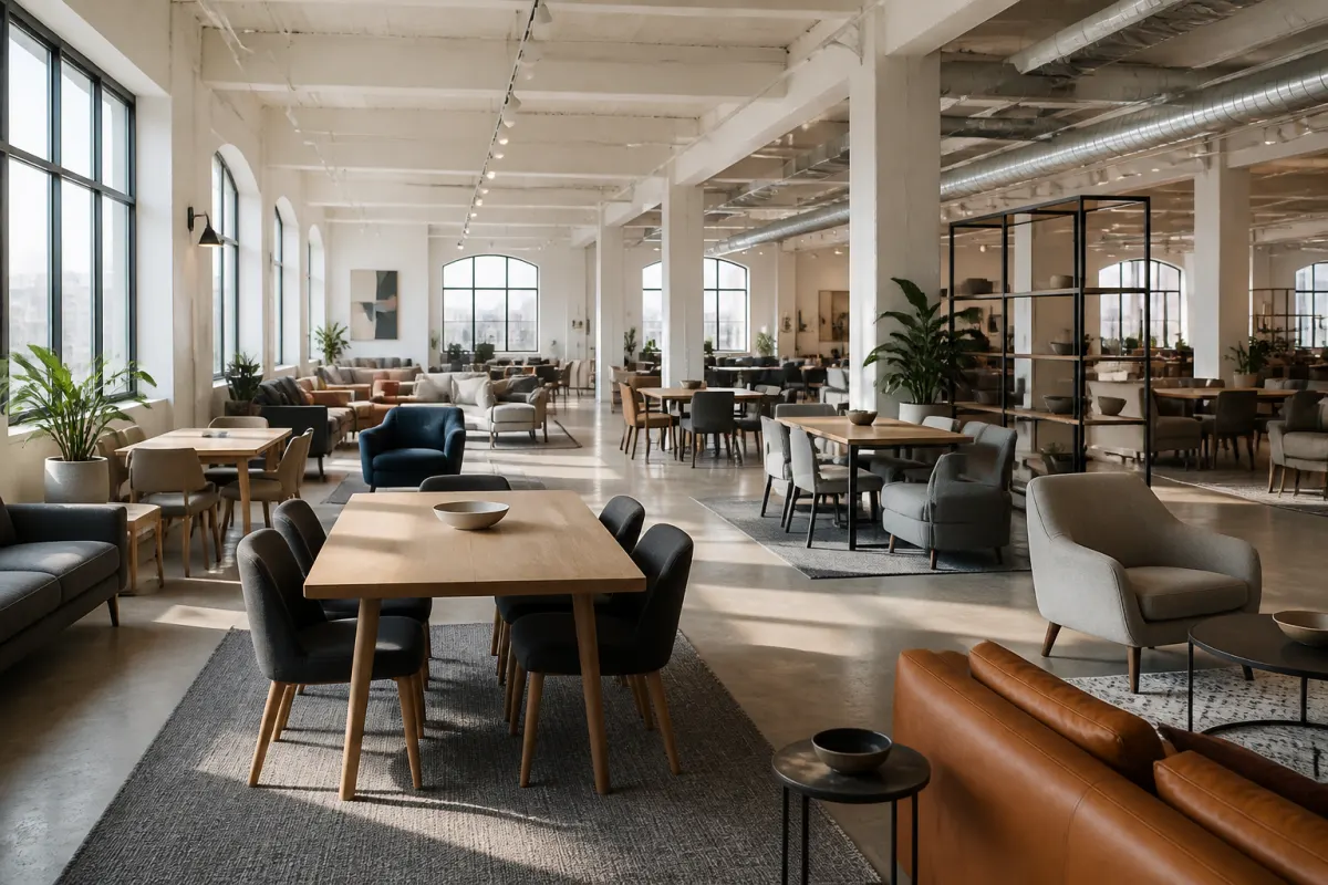 Bright furniture showroom loft with generic commercial chairs, tables, and lounge pieces staged in vignettes