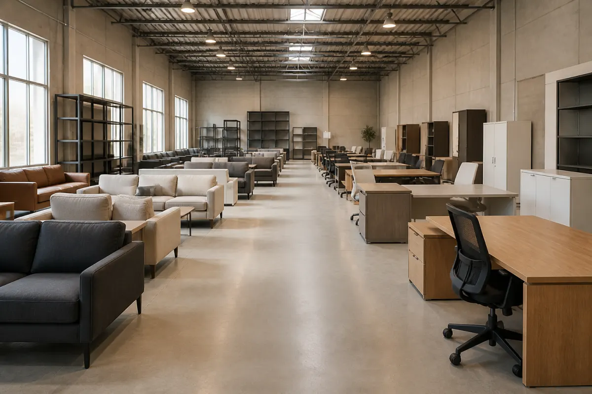 Warehouse showroom aisle with assembled commercial furniture displayed in clean rows, even daylight