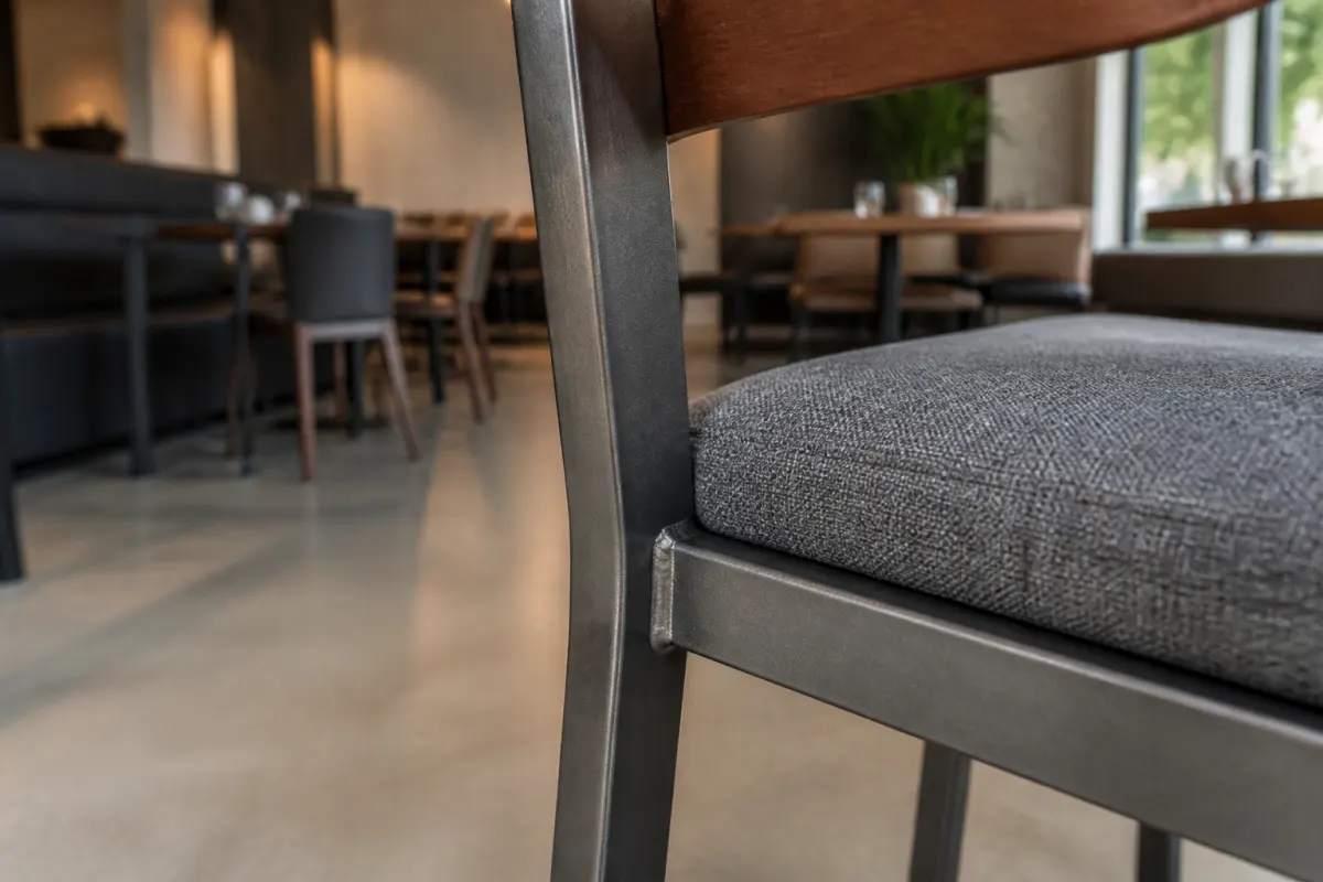 Detail angle of a welded metal chair frame and upholstered seat in a commercial dining room setting