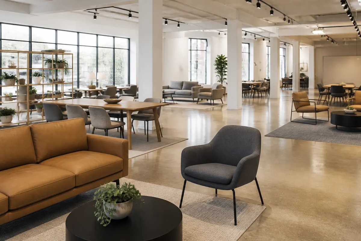 Bright furniture showroom loft with generic commercial chairs, tables, and lounge pieces staged in vignettes