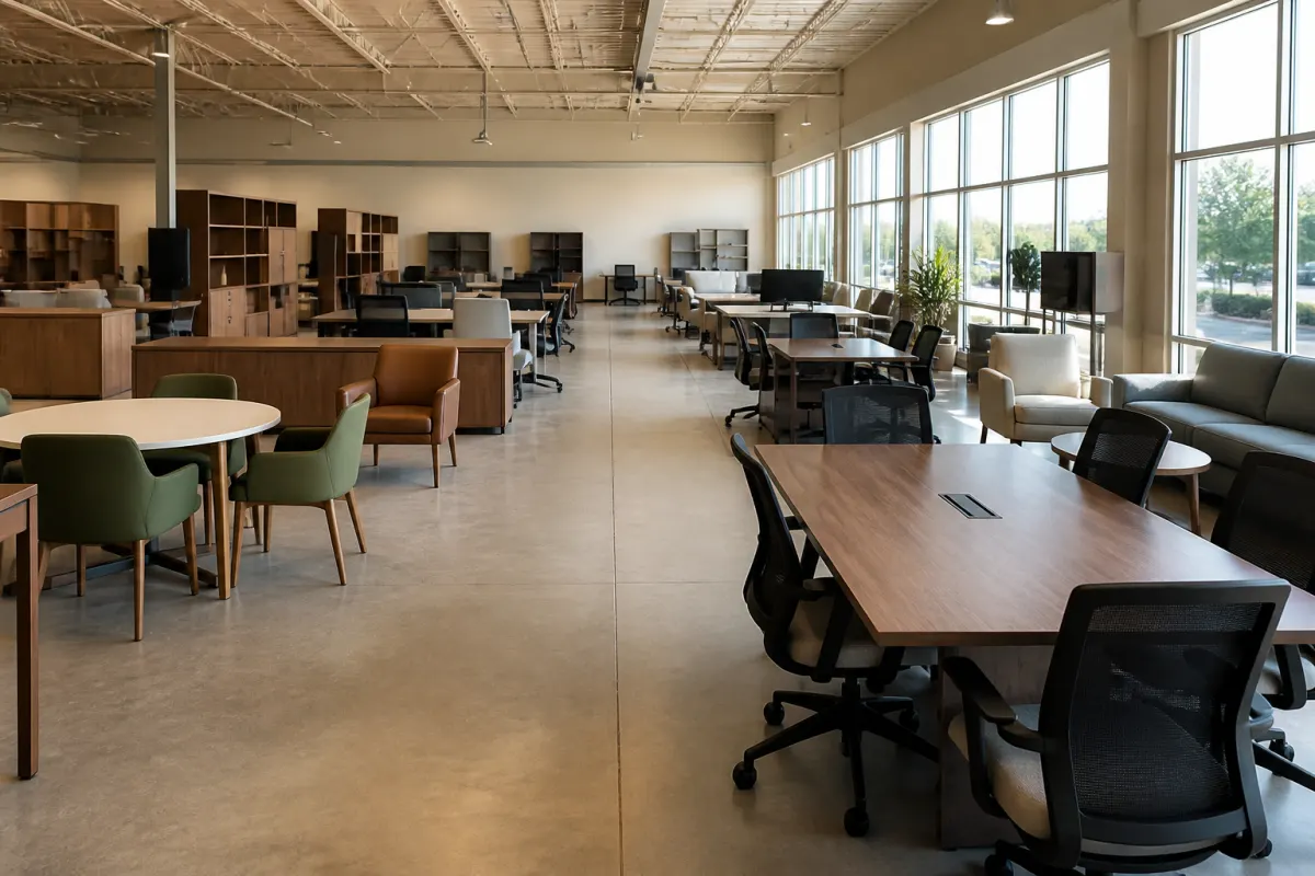 Warehouse showroom aisle with assembled commercial furniture displayed in clean rows, even daylight