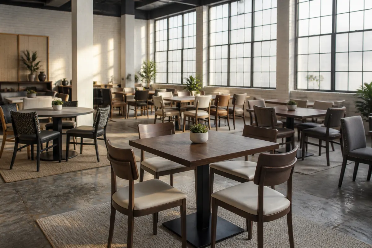 Sturdy commercial grade dining chairs and tables in a hospitality showroom loft, even daylight, editorial styling