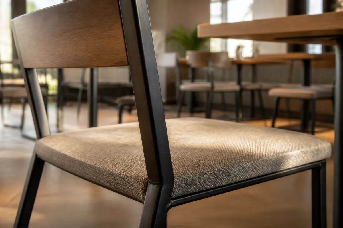 Detail angle of a welded metal chair frame and upholstered seat in a commercial dining room setting