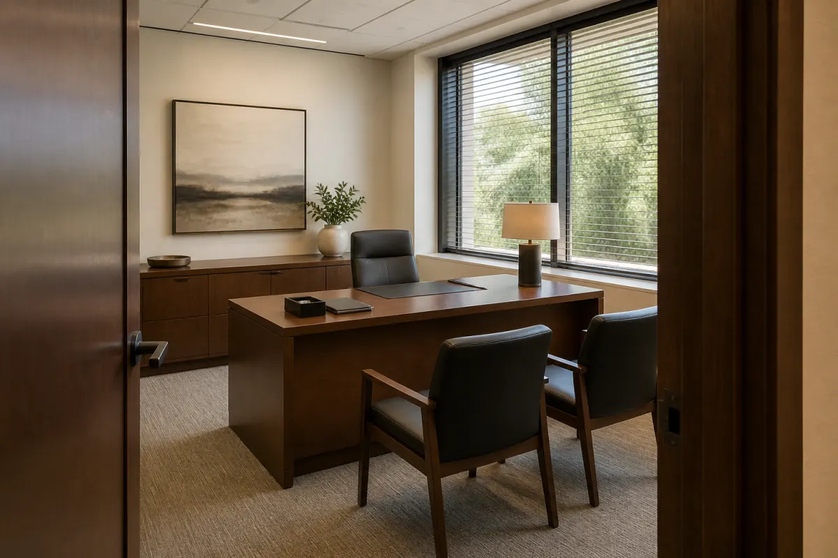 Modern open office floor with rows of ergonomic task chairs at workstations