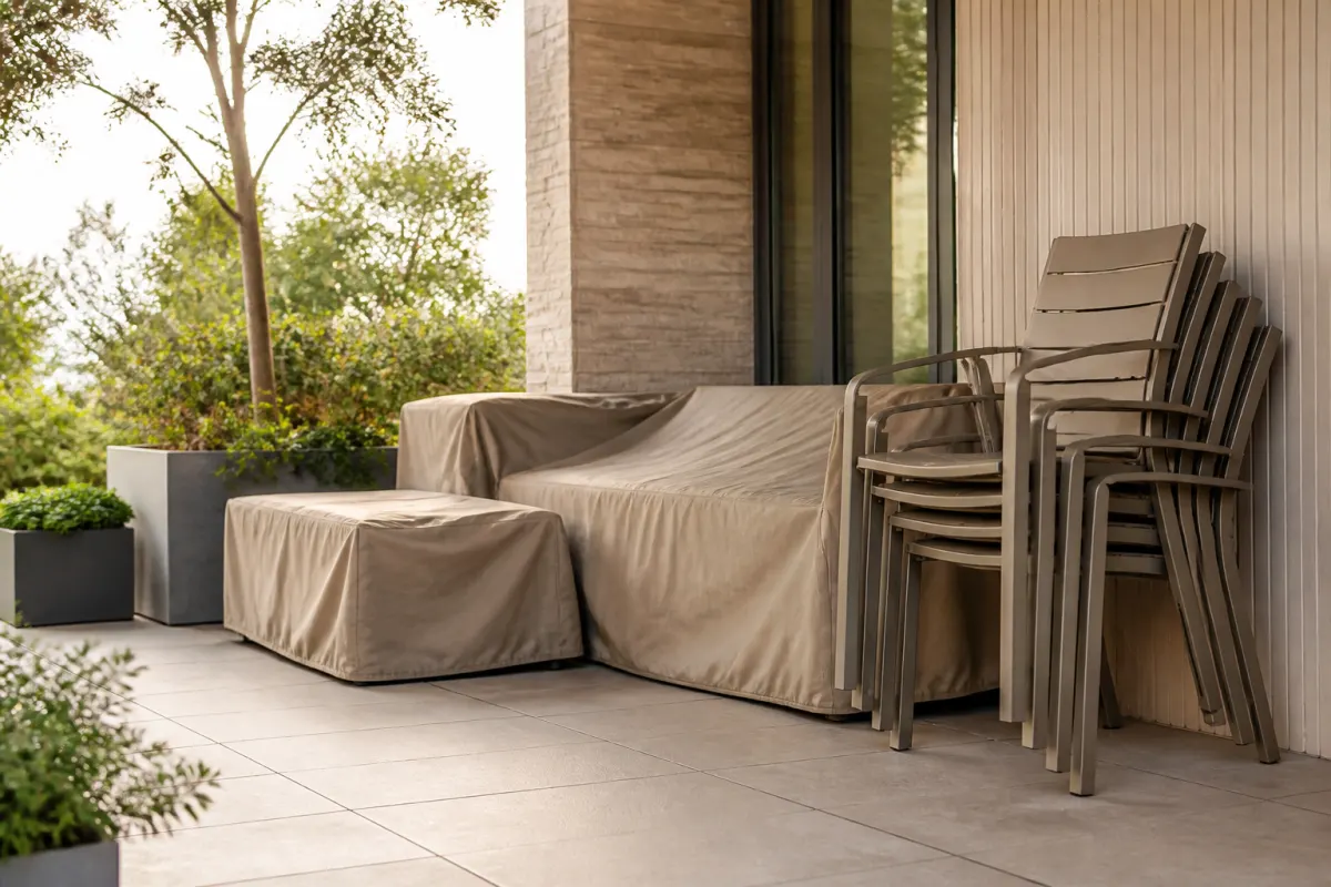 Stacked outdoor chairs and covered patio furniture staged for the season on a clean terrace